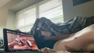 Watching porn in the living room while everyone upstairs large spunk in shorts WATCH END